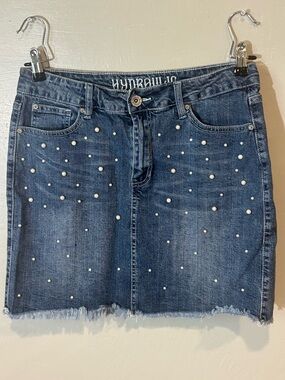 Hydraulic Blue Denim Mini Skirt with Pearl Studs